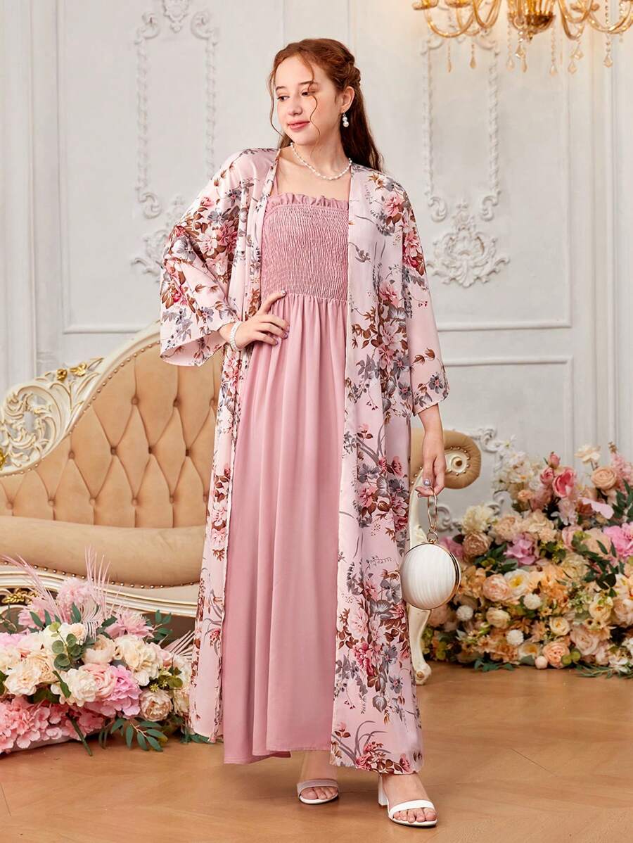 SHEIN Teen Girls' Woven Floral Open Front Jacket And Solid Color Shirred Cami Dress Set - Pink - View 1