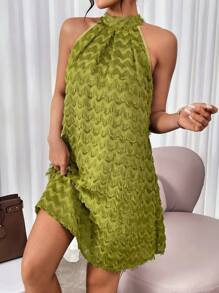 Chiquease Vestido De Cuello Halter Sin Mangas Con Ribete De Flecos Para Mujer - Verde - Ver 1