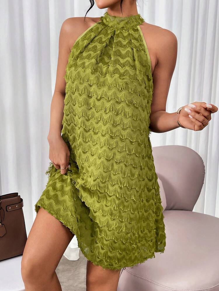 Women's Sleeveless Fringe Trim Halter Neck Dress