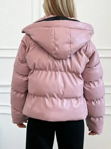 EURMUSE Women'S Solid Color Hooded Short Padded Jacket With Zipper - Baby Pink - View 2