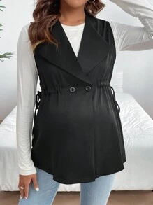 SHEIN Maternity Sleeveless Jacket With Drawstring Waist And Double-Breasted Design - Black - View 2