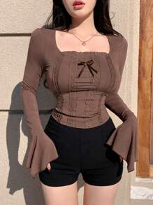 DAZY Áo thun tay dài cổ vuông viền ren, áo đi chơi, áo nhún bèo, quần áo mùa thu dễ thương - màu nâu - Xem 8