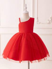 年輕女孩婚禮派對禮服，金箔網和花邊生日派對花童裙 - 紅色 - 查看 1