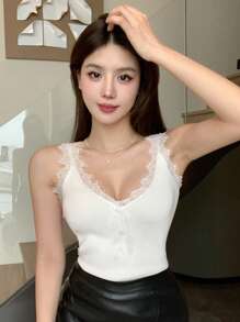 DAZY Solid Color V-Neck Lace Spliced Sleeveless Knitted Top For Women,Fall Clothes - White - View 1