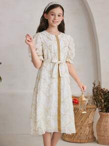 SHEIN 女孩刺繡泡泡袖連身裙 - 米色 - 查看 6