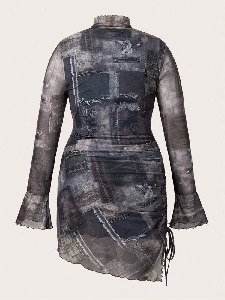 Plus Size Denim Effect Patchwork Print Stand Collar Bell Sleeve Dress