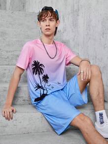 SHEIN Explorewe Teen Boy Palm Tree Printed Ombre Short Sleeve T-Shirt And Shorts Set - Multicolor - View 1