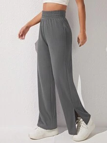 SHEIN PETITE Pantalones Palazzo Sueltos De Cintura Elástica Con Corte De Pierna Dividida Para Mujer