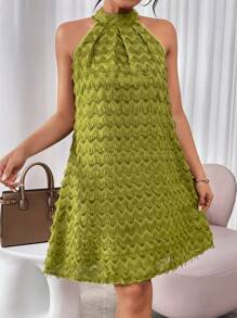 Chiquease Vestido De Cuello Halter Sin Mangas Con Ribete De Flecos Para Mujer - Verde - Ver 4