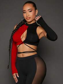 SHEIN SXY 女士黑色和紅色對比色空心短上衣,附袖子束帶 - 紅色和黑色 - 查看 5