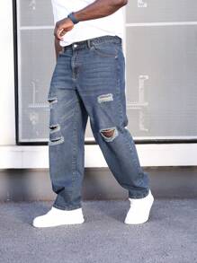 Manfinity Roughcore Men'S Plus Size Ripped Jeans - Blue - View 5
