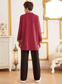 SHEIN Teen Boys' Casual Red Long-Sleeved Shirt With Weaving Detail And Black Pants 2pcs/Set - Multicolor - View 3