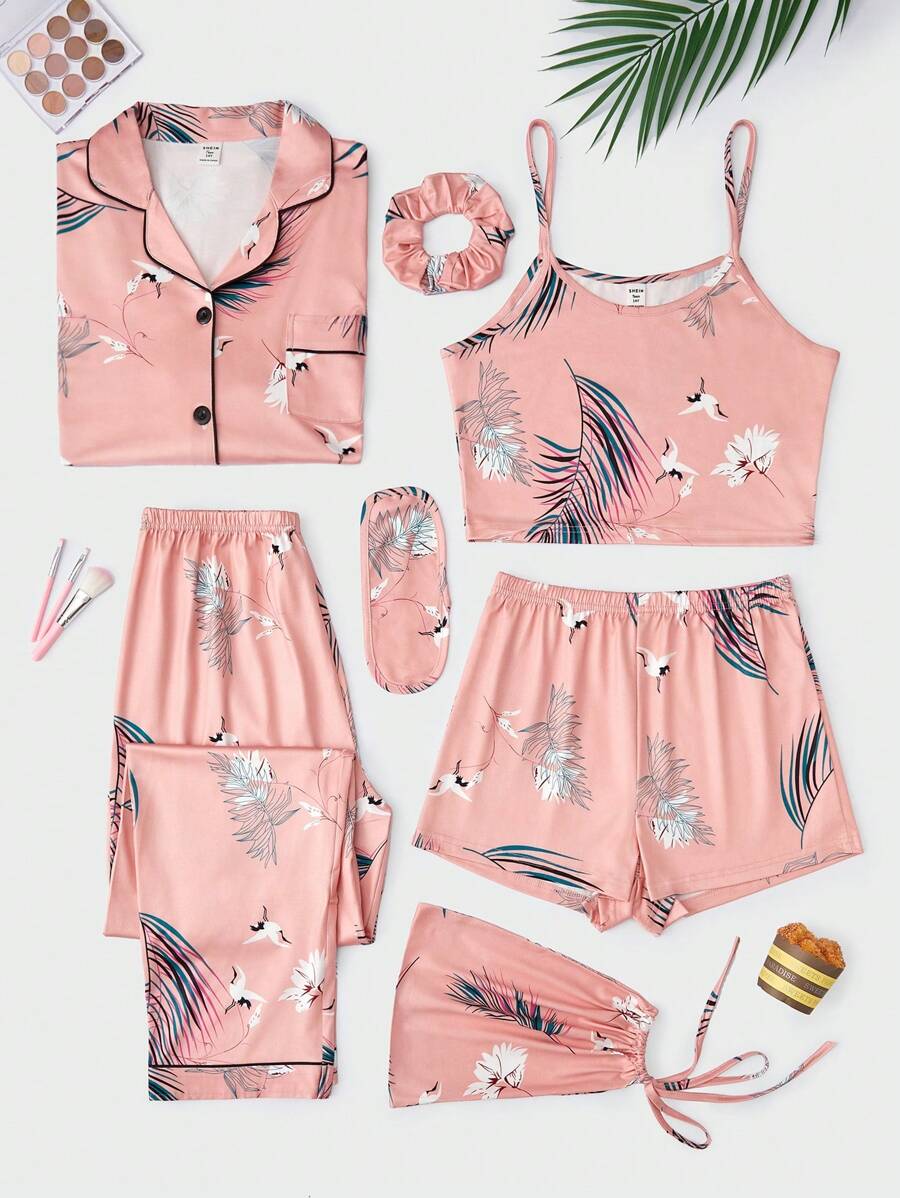 青少年女孩珊瑚粉色树叶印花裤、长袖衬衫、短裤、吊带背心 4 件套家居服度假旅行休闲夏装 - 珊瑚粉 - 查看 1