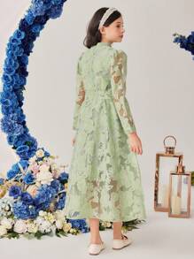 Tween Girl Floral Jacquard Cutout Front Dress Eid Dress - Green - View 2