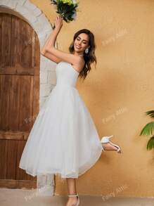 Lace & Tulle Spaghetti Strap Wedding Dress, Semi Formal Dress