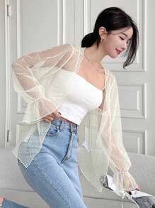 Mesh See-Through Polka Dot Blouse With Flared Sleeves - Apricot - View 1