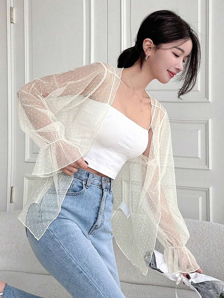 Mesh See-Through Polka Dot Blouse With Flared Sleeves - Apricot - View 1