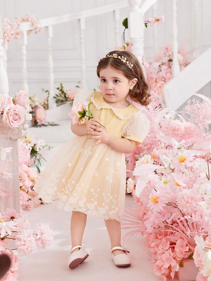 Baby Girl Summer Cute Peter Pan Collar Short Sleeve Mesh Dress - Yellow - View 1
