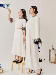 SHEIN Tween Girls' Tassel Sleeve Cuff & Weaving Trim Spliced Dress Modest Dress - White - View 7