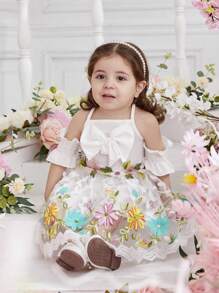 Đứa bé gái Rỗng Áo Bowknot Nghệ Embellished Lưới thêu Đầm - trắng - Xem 4