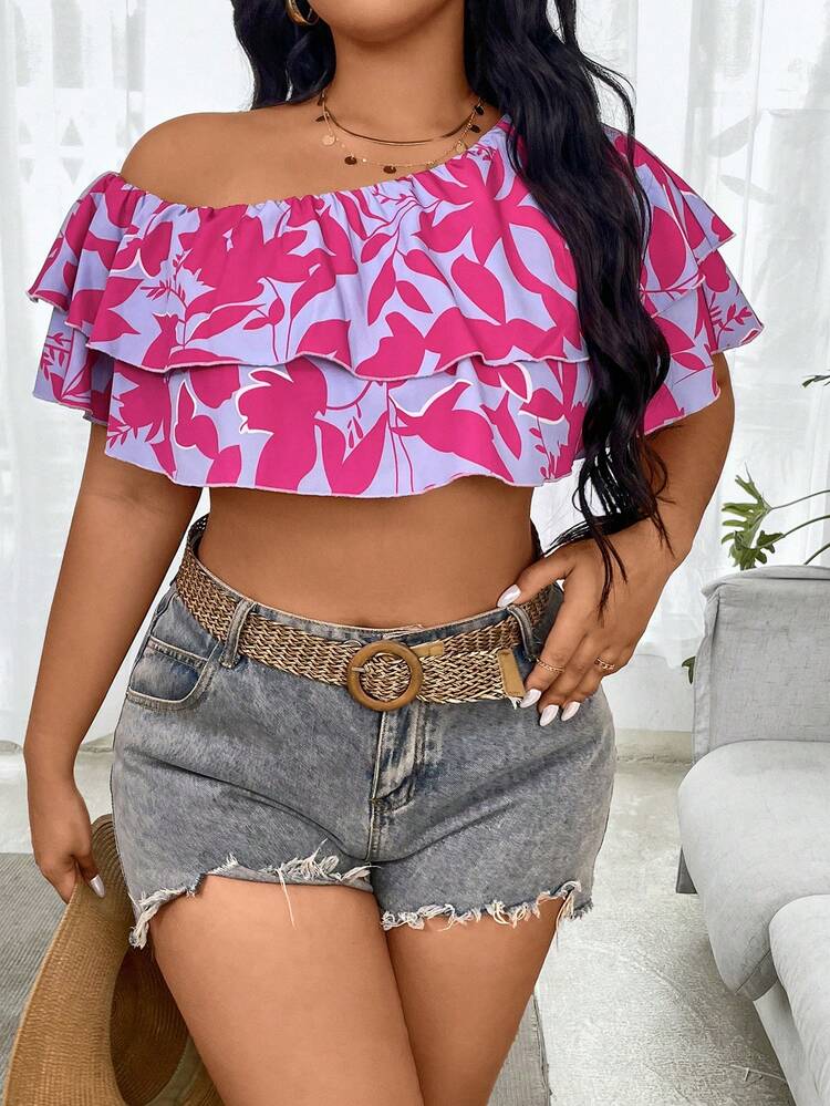 Plus Size Women'S Double Layered Ruffle Hem Cropped Top With Plant Print