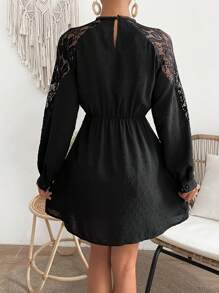 Chiquease Vestido De Manga Raglán Con Encaje Empalmado Para Mujer - Negro - Ver 2