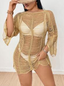 SHEIN Swim Curve Plus Size Hollow Out Fringe Cover Up Summer - Apricot - View 5