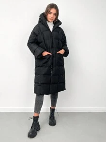 EURMUSE Zip Up Drawstring Hooded Puffer Coat - Black - View 3