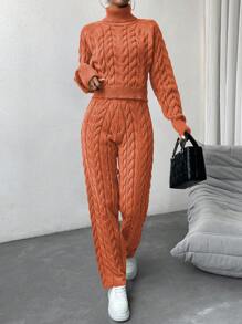 EMERY ROSE 高領長袖針織毛衣和針織長褲套裝 - 橘色 - 查看 5