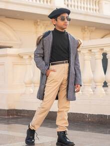 SHEIN Tween Boy 1pc Letter Patched Detail Fuzzy Trim Hooded Overcoat - Black and White - View 6