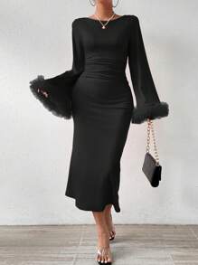 SHEIN Privé Fuzzy Tay áo Cổ tay áo Thon gọn Tay áo dài Đầm - màu đen - Xem 4