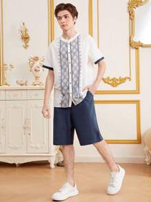 SHEIN Teen Boy Casual Geometric Printed Short Sleeve Shirt With Solid Color Shorts Set - Multicolor - View 7
