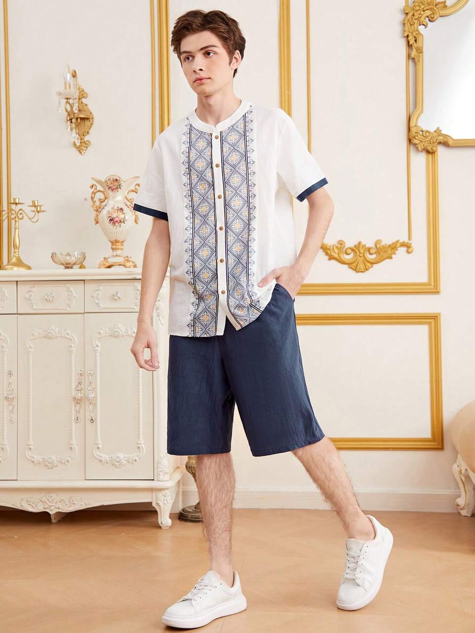 Teen Boy Casual Geometric Printed Short Sleeve Shirt With Solid Color Shorts Set