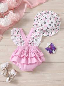 寶寶女童夏天可愛心形圖案無袖紮帶連體衣