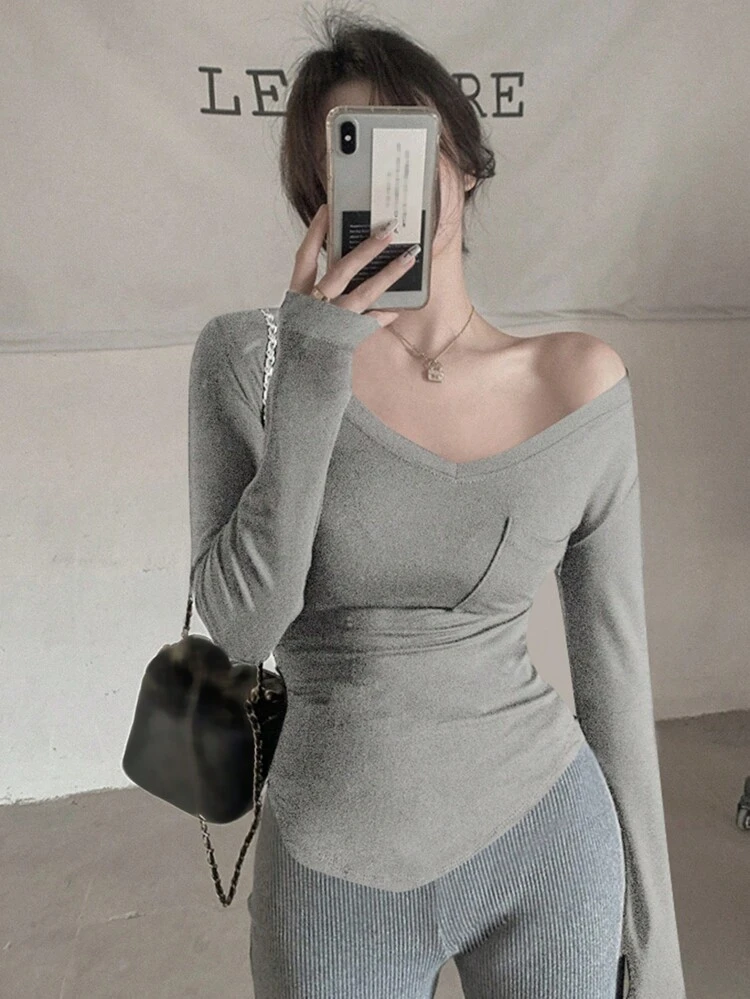 Solid Curved Hem Tee Summer Long Sleeve Women Tops,Fall Women Clothes