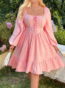 Sunnyshic 大尺碼純色十字肩帶方領荷葉邊連衣裙 - 粉色 - 查看 1