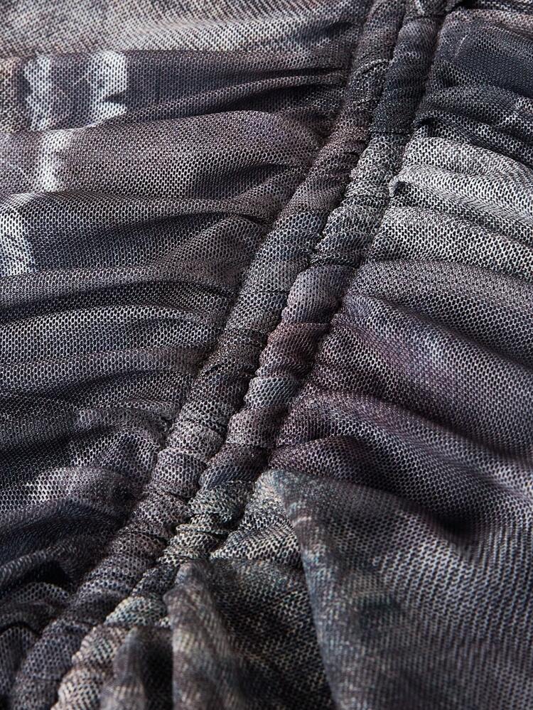 Plus Size Denim Effect Patchwork Print Stand Collar Bell Sleeve Dress