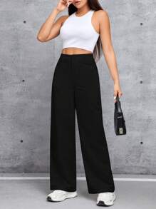 SHEIN PETITE Pantalones De Talle Alto De Color Liso Para Mujer - Negro - Ver 5