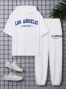 SHEIN Teen Boy Casual Letter Printed Short Sleeve Hooded Top And Pants Set For Spring/Summer - White - View 1