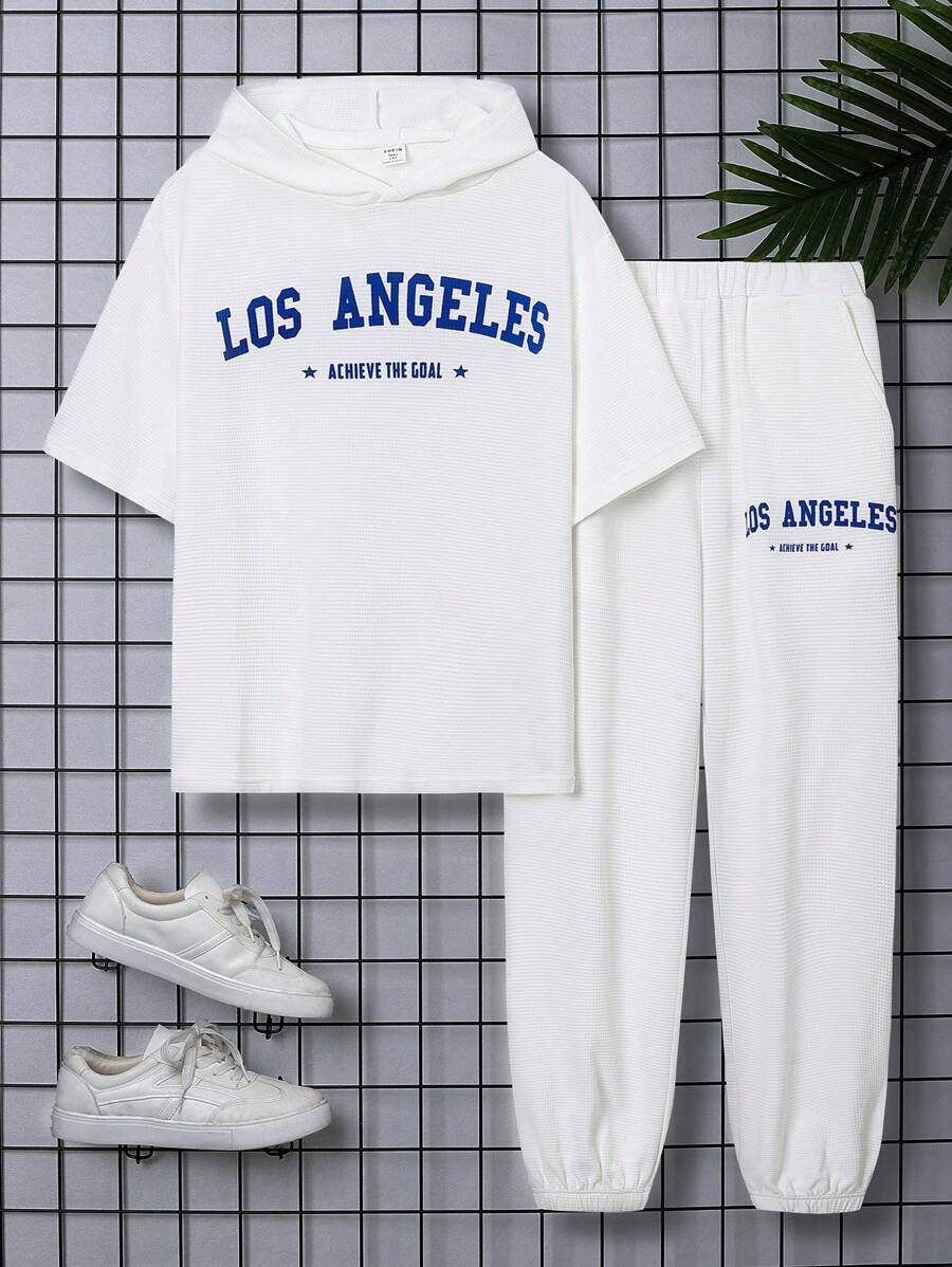 SHEIN Teen Boy Casual Letter Printed Short Sleeve Hooded Top And Pants Set For Spring/Summer - White - View 1