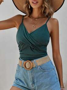 SHEIN Frenchy Top canottiglia a spaghettistrato in tessuto jacquard per vacanza al mare estiva, top estivi, abbigliamento per le vacanze - Verde Scuro - Visualizzare 4