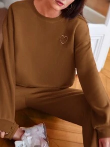 SHEIN Frenchy 女士心形印花下垂肩運動衫和運動長褲套裝 - 棕色 - 查看 3