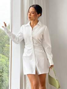 SHEIN EZwear Của phụ nữ Màu thuần Tay áo dài Váy sơ mi - trắng - Xem 4