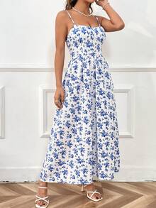 SHEIN WYWH Women'S Floral Print Spaghetti Strap Dress - Blue and White - View 4