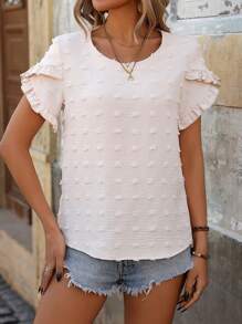 SHEIN LUNE 女式圓領花瓣短袖上衣 - 杏色 - 查看 4