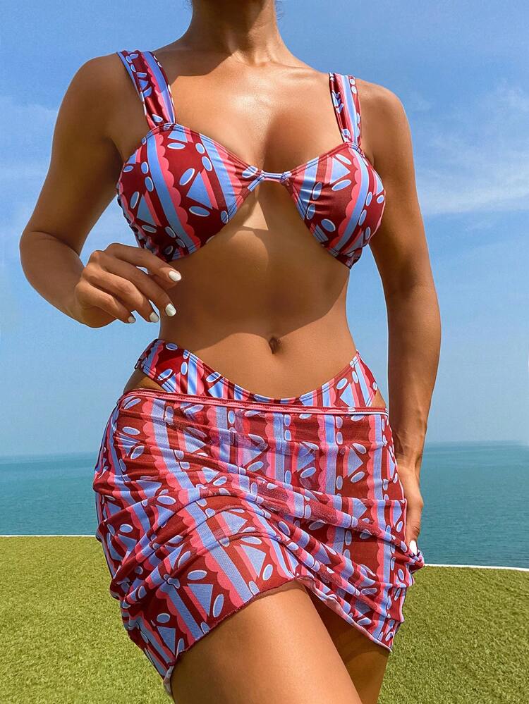 Summer Women's All Over Print Wide Strap Swimwear Set