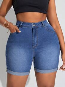 SHEIN SXY Kích thước lớn Co giãn Gầy Quần short Denim - Màu xanh lam - Xem 3