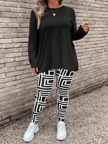 SHEIN LUNE Plus Size Green Solid Color Long Sleeve T-Shirt & Camouflage Pants 2pcs Set Fall Women Clothes Fall 2pcs Set