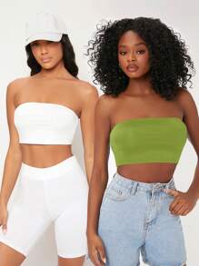 SHEIN BASICS Top Corto De 2 Piezas Y Blusa Sin Tirantes Para Mujer - Verde Lima - Ver 1