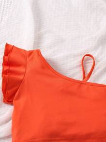 SHEIN Joven chica Top de cuello asimétrico de 2 piezas con pantalones de pierna ancha estampados con flores para vacaciones - Naranja - Ver 4